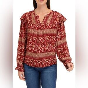 Women's peasant Split Neck Woven Top floral, paisley Boho pattern, size PL